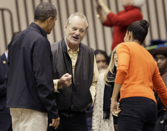 Actor Bill Murray, center, chats with President Barack Obama, left, and first lady Michelle Obama before an NCAA basketball game between Oregon State and Towson in Towson, Md., Saturday, Nov. 26, 2011. (AP Photo/Patrick Semansky) Actor Bill Murray, center, chats with President Barack Obama, left, and first lady Michelle Obama before an NCAA basketball game between Oregon State and Towson in Towson, Md., Saturday, Nov. 26, 2011. (AP Photo/Patrick Semansky)