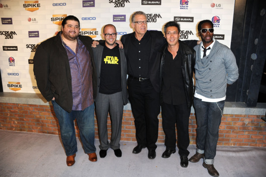 (L-R) Actors Jorge Garcia, executive producers Damon Lindelof, Carlton Cuse, actors Francois Chau and Harold Perrineau onstage during Spike TV's "Scream 2010" at The Greek Theatre on October 16, 2010 in Los Angeles, California.