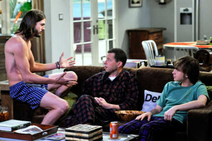 "A Lovely Landing Strip" -- Walden (Ashton Kutcher), Alan Harper (Jon Cryer) and Jake (Angus T. Jones) on TWO AND A HALF MEN, Monday, Dec. 5 (9:00-9:31 PM, ET/PT) on the CBS Television Network