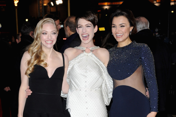  Actresses Amanda Seyfriend, Anne Hathaway and Samantha Barks attend the "Les Miserables" World Premiere at the Odeon Leicester Square on December 5, 2012 in London, England.  