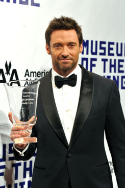 Actor Hugh Jackman poses with his award at the Museum of Moving Images salute to Hugh Jackman at Cipriani Wall Street on December 11, 2012 in New York City.