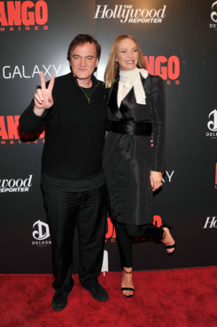 Quentin Tarantino and Uma Thurman attends a screening of "Django Unchained" hosted by The Weinstein Company with The Hollywood Reporter, Samsung Galaxy and The Cinema Society at Ziegfeld Theater on December 11, 2012 in New York City.