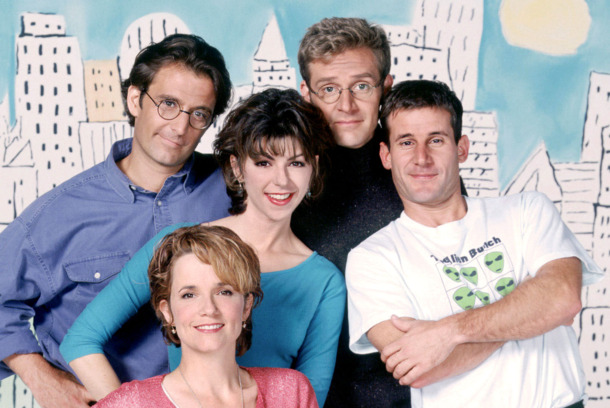 CAROLINE IN THE CITY -- NBC Series -- Pictured: (l-r) Eric Lutes, Amy Pietz, Malcolm Gets, Andy Lauer (top row); Lea Thompson (bottom row, from left) CAROLINE IN THE CITY -- NBC Series -- Pictured: (l-r) Eric Lutes, Amy Pietz, Malcolm Gets, Andy Lauer (top row); Lea Thompson (bottom row, from left)