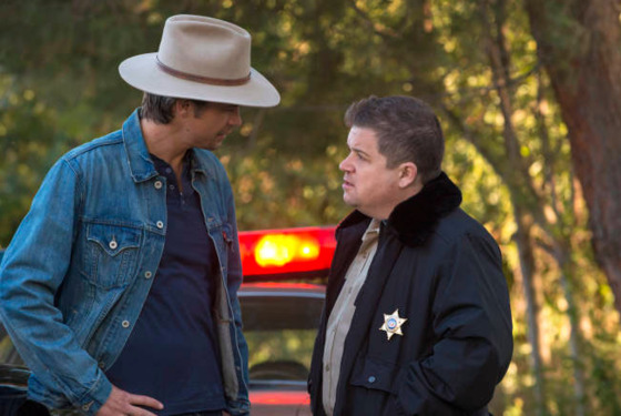 JUSTIFIED -- Hole in the Wall -- Episode 401 (Airs Tuesday, January 8, 10:00 pm e/p) -- Pictured: (L-R) Timothy Olyphant as Raylan Givens, Patton Oswalt as Bob Sweeney JUSTIFIED -- Hole in the Wall -- Episode 401 (Airs Tuesday, January 8, 10:00 pm e/p) -- Pictured: (L-R) Timothy Olyphant as Raylan Givens, Patton Oswalt as Bob Sweeney