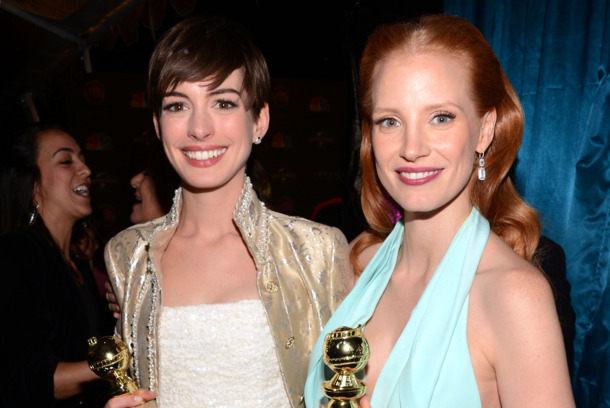 Golden Glob Award winners Anne Hathaway and Jessica Chastain attend the NBCUniversal Golden Globes viewing and after party held at The Beverly Hilton Hotel on January 13, 2013 in Beverly Hills, California. Golden Glob Award winners Anne Hathaway and Jessica Chastain attend the NBCUniversal Golden Globes viewing and after party held at The Beverly Hilton Hotel on January 13, 2013 in Beverly Hills, California.