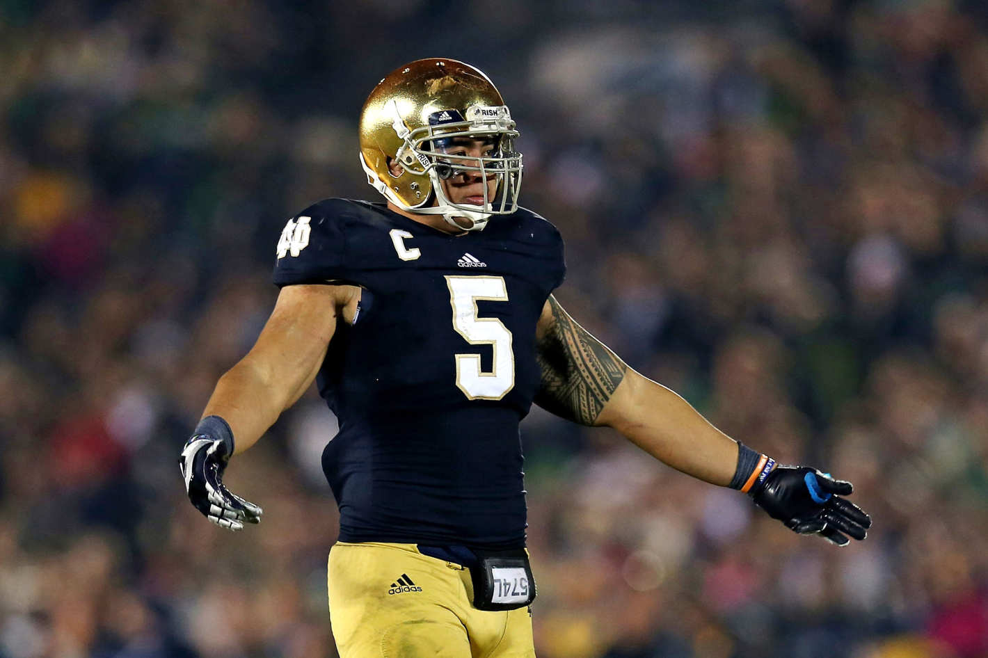 Manti T'eo #5 of the Notre Dame Fighting Irish encourages the crowd to cheer during a game against the Wake Forest Demon Deacons at Notre Dame Stadium on November 17, 2012 in South Bend, Indiana. Notre Dame defeated Wake Forest 38-0.