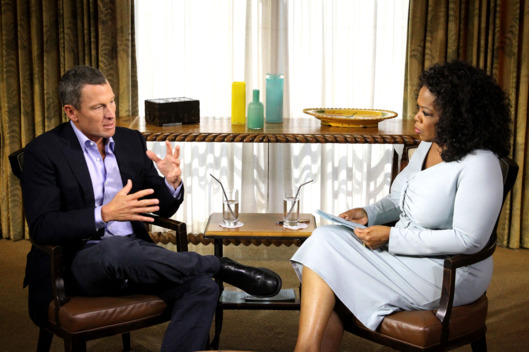 In this handout photo provided by the Oprah Winfrey Network, Oprah Winfrey (R) speaks with Lance Armstrong during an interview regarding the controversy surrounding his cycling career January 14, 2013 in Austin, Texas. Oprah Winfrey’s exclusive no-holds-barred interview with Lance Armstrong, "Oprah and Lance Armstrong: The Worldwide Exclusive," has expanded to air as a two-night event on OWN: Oprah Winfrey Network.