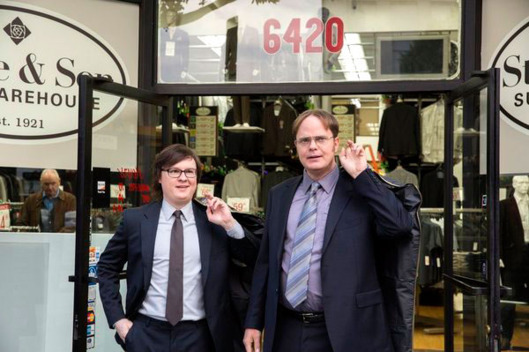 THE OFFICE -- "Suit Warehouse" Episode 912 -- Pictured: (l-r) Clark Duke as Clark, Rainn Wilson as Dwight Schrute