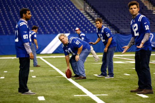 PARKS AND RECREATION -- "Two Parties" Episode 510 -- Pictured: (l-r) Aziz Ansari as Tom Haverford, Jim O'Heir as Associate Director Jerry Gergich, Rob Lowe as Chris Traeger, Adam Scott as Ben Wyatt