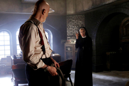 AMERICAN HORROR STORY Nor'easter -- Episode 203, Wednesday, October 31, 10:00 pm e/p) -- Pictured: (L-R) James Cromwell as Dr. Arthur Arden, Jessica Lange as Sister Jude