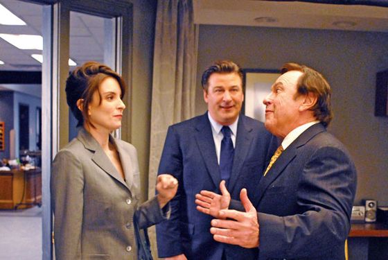 30 ROCK -- "Succession" Episode 213 -- Air Date 04/24/2008 -- Pictured: (l-r) Tina Fey as Liz Lemon, Alec Baldwin as Jack Donaghy, Rip Torn as Don Geiss  (Photo by Nicole Rivelli/NBC/NBCU Photo Bank via Getty Images)