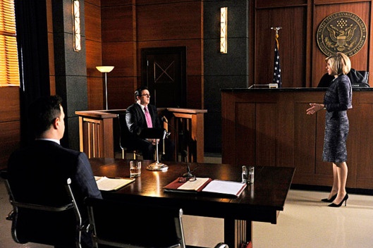 "The Seven Day Rule"--Diane (Christine Baranski, left) questions Clarke (Nathan Lane, center) in front of a bankruptcy judge, on THE GOOD WIFE, Sunday Jan 27 (9:00-10:00 PM, ET/PT) on the CBS Television Network.