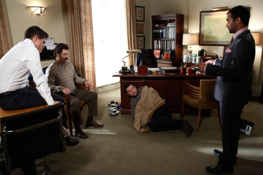 PARKS AND RECREATION -- "Ann's Decision" Episode 511 -- Pictured: (l-r) Rob Lowe as Chris Traeger, Nick Offerman as Ron Swanson, Adam Scott as Ben Wyatt, Aziz Ansari as Tom Haverford