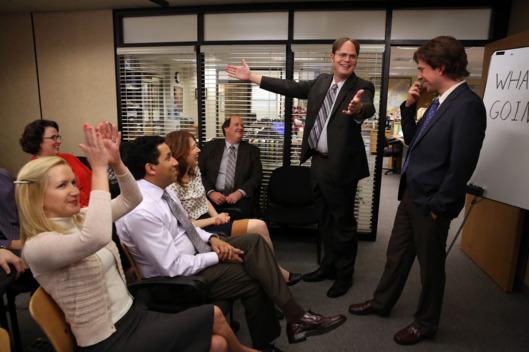 THE OFFICE -- "Couples Discount" Episode 916 -- Pictured: (l-r) Angela Kinsey as Angela Martin, Phyllis Smith as Phyllis Vance, Oscar Nunez as Oscar Martinez, Ellie Kemper as Erin Hannon, Brian Baumgartner as Kevin Malone, Rainn Wilson as Dwight Schrute, Ed Helms as Andy Bernard