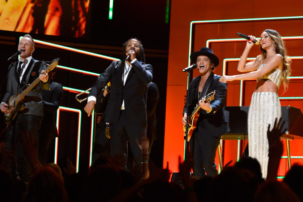 LOS ANGELES, CA - FEBRUARY 10: Sting, Ziggy Marley, Bruno Mars and Rihanna perform onstage during the 55th Annual GRAMMY Awards at STAPLES Center on February 10, 2013 in Los Angeles, California. (Photo by Kevin Mazur/WireImage) LOS ANGELES, CA - FEBRUARY 10: Sting, Ziggy Marley, Bruno Mars and Rihanna perform onstage during the 55th Annual GRAMMY Awards at STAPLES Center on February 10, 2013 in Los Angeles, California. (Photo by Kevin Mazur/WireImage)