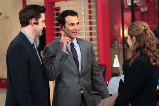 THE OFFICE -- "Moving On" Episode 917 -- Pictured: (l-r) John Krasinski as Jim Halpert, Ben Silverman as Isaac, Jenna Fischer as Pam Halpert THE OFFICE -- "Moving On" Episode 917 -- Pictured: (l-r) John Krasinski as Jim Halpert, Ben Silverman as Isaac, Jenna Fischer as Pam Halpert