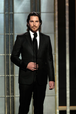 In this handout photo provided by NBCUniversal, Actor Christian Bale on stage to present during the 70th Annual Golden Globe Awards at the Beverly Hilton Hotel International Ballroom on January 13, 2013 in Beverly Hills, California. In this handout photo provided by NBCUniversal, Actor Christian Bale on stage to present during the 70th Annual Golden Globe Awards at the Beverly Hilton Hotel International Ballroom on January 13, 2013 in Beverly Hills, California.