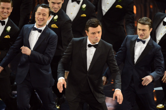 Joseph Gordon-Levitt, Seth MacFarlane and Daniel Radcliffe perform during the show at the 85th Annual Academy Awards on February 24, 2013 in Hollywood, California.