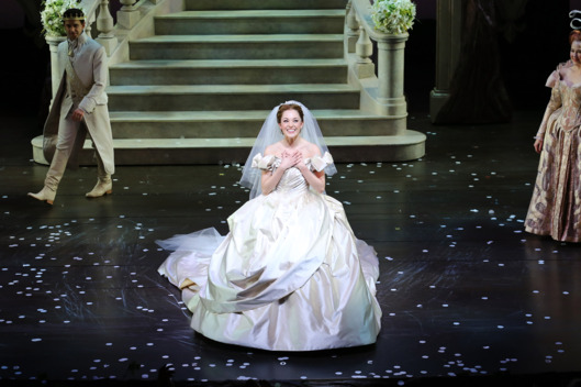NEW YORK, NY - MARCH 03: Actress Laura Osnes on stage at the "Cinderella" Broadway Opening Night curtain call at Broadway Theatre on March 3, 2013 in New York City. (Photo by Neilson Barnard/Getty Images)