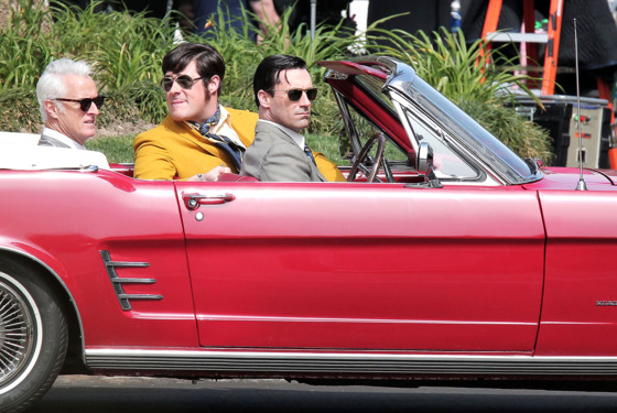 Jon Hamm, John Slattery and Rich Sommer film a scene for their hit TV show "Mad Men" in Los Angeles. The trio can be seen riding around in a red, vintage Mustang Convertible as they filmed scenes for an upcoming episode. Jon Hamm, John Slattery and Rich Sommer film a scene for their hit TV show "Mad Men" in Los Angeles. The trio can be seen riding around in a red, vintage Mustang Convertible as they filmed scenes for an upcoming episode.