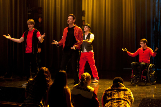 GLEE: Finn (Cory Monteith, C), Ryder (Blake Jenner, L), Sam (Chord Overstreet, third from L) and Artie (Kevin McHale, R) perform in the "Feud" episode of GLEE airing on Thursday, March 14 (9:00-10:00 PM ET/PT) GLEE: Finn (Cory Monteith, C), Ryder (Blake Jenner, L), Sam (Chord Overstreet, third from L) and Artie (Kevin McHale, R) perform in the "Feud" episode of GLEE airing on Thursday, March 14 (9:00-10:00 PM ET/PT)