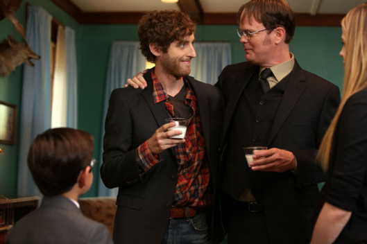 THE OFFICE -- "The Farm" Episode 905 -- Pictured: (l-r) Thomas Middleditch as Jeb Schrute, Rainn Wilson as Dwight Schrute