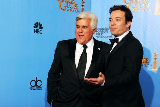TV personalities Jay Leno (R) and Jimmy Fallon pose in the press room during the 70th Annual Golden Globe Awards held at The Beverly Hilton Hotel on January 13, 2013 in Beverly Hills, California. TV personalities Jay Leno (R) and Jimmy Fallon pose in the press room during the 70th Annual Golden Globe Awards held at The Beverly Hilton Hotel on January 13, 2013 in Beverly Hills, California.