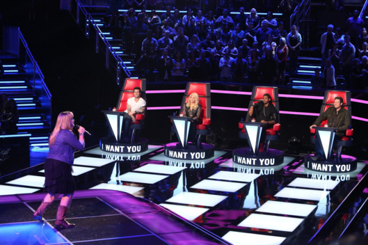 THE VOICE -- "Blind Auditions" Episode 403 -- Pictured: (l-r) Holly Tucker, Adam Levine, Shakira, Usher, Blake Shelton -- (Photo by: Adam Taylor/NBC)