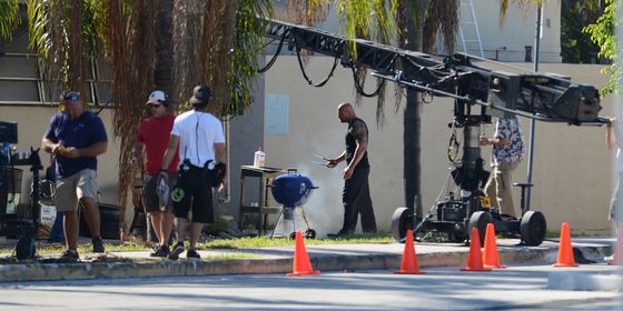 Actor/wrestler Dwayne Johnson films a scene for 'Pain and Gain' in Miami, Florida. Dwayne "The Rock" Johnson BBQ's a severed hand on the set.