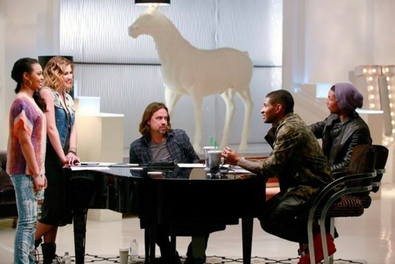 THE VOICE -- "Usher Reality" Episode 408 -- Pictured: (l-r) Jamila Thompson, Audrey Karrasch, Paul Mirkovich, Usher, Pharrell Williams -- (Photo by: Trae Patton/NBC) THE VOICE -- "Usher Reality" Episode 408 -- Pictured: (l-r) Jamila Thompson, Audrey Karrasch, Paul Mirkovich, Usher, Pharrell Williams -- (Photo by: Trae Patton/NBC)