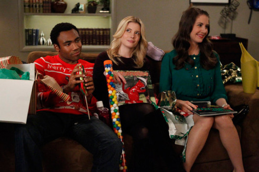 COMMUNITY -- "Intro to Knots" Episode 409 -- Pictured: (l-r) Donald Glover as Troy, Gillian Jacobs as Britta, Alison Brie as Annie -- (Photo by: Jordin Althaus/NBC)