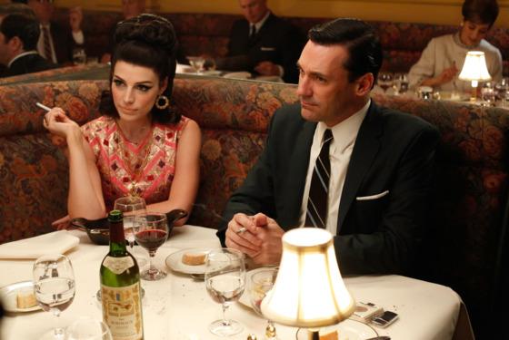 Megan Draper (Jessica Pare) and Don Draper (Jon Hamm) - Mad Men - Season 6, Episode 4 - Photo Credit: Jordin Althaus/AMC Megan Draper (Jessica Pare) and Don Draper (Jon Hamm) - Mad Men - Season 6, Episode 4 - Photo Credit: Jordin Althaus/AMC