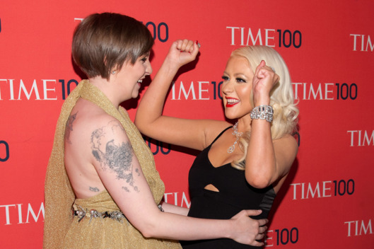 NEW YORK, NY - APRIL 23: Lena Dunham (L) and Christina Aguilera attend the 2013 Time 100 Gala at Frederick P. Rose Hall, Jazz at Lincoln Center on April 23, 2013 in New York City. (Photo by D Dipasupil/FilmMagic)