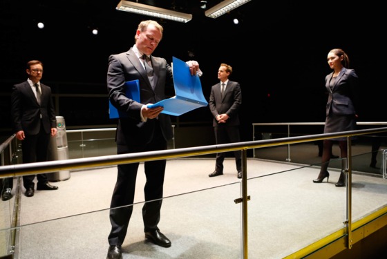 Sam Troughton, Neil Stuke, Adam James, and Eleanor Matsuura in BULL, part of Brits Off Broadway at 59E59 Theaters. Photo by Carol Rosegg Sam Troughton, Neil Stuke, Adam James, and Eleanor Matsuura in BULL, part of Brits Off Broadway at 59E59 Theaters. Photo by Carol Rosegg