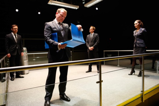 Sam Troughton, Neil Stuke, Adam James, and Eleanor Matsuura in BULL, part of Brits Off Broadway at 59E59 Theaters. Photo by Carol Rosegg
