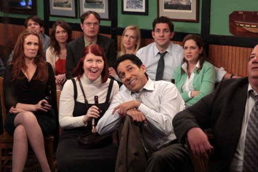 THE OFFICE -- "A.A.R.M." Episode 922 -- Pictured: (l-r) Catherine Tate as Nellie Bertram, Jake Lacy as Pete, Ellie Kemper as Erin Hannon, Rainn Wilson as Dwight Schrute, Kate Flannery as Meredith Palmer, Angela Kinsey as Angela Martin, Oscar Nunez as Oscar Martinez, John Krasinski as Jim Halpert, Jenna Fischer as Pam Beesly Halpert -- (Photo by: Chris Haston/NBC)
