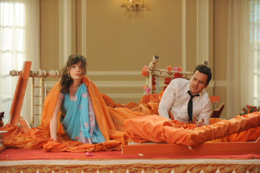 NEW GIRL: Jess (Zooey Deschanel, R) and Nick (Jake Johnson, L) surprise the guests at Cece's wedding in the "Elaine's Big Day"
