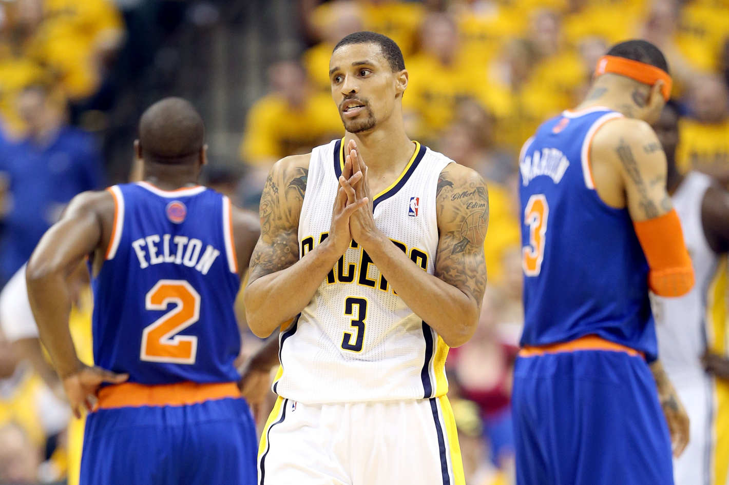 INDIANAPOLIS, IN - MAY 18: George Hill #3 of the Indiana Pacers reacts during the game against the New York Knicks during Game Six of the Eastern Conference Semifinals of the 2013 NBA Playoffs at Bankers Life Fieldhouse on May 18, 2013 in Indianapolis, Indiana. NOTE TO USER: User expressly acknowledges and agrees that, by downloading and or using this photograph, User is consenting to the terms and conditions of the Getty Images License Agreement. (Photo by Andy Lyons/Getty Images)