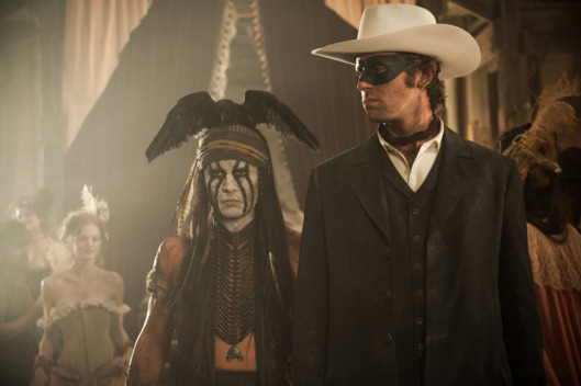 "THE LONE RANGER"L to R: Johnny Depp as Tonto and Armie Hammer as The Lone RangerPh: Peter Mountain?Disney Enterprises, Inc. and Jerry Bruckheimer Inc. All Rights Reserved.