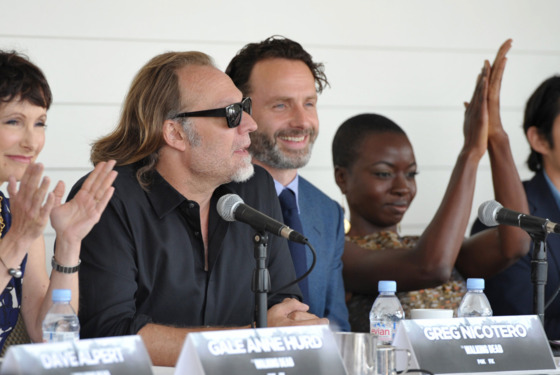 From left, executive producers Gale Anne Hurd, David Alpert, and cast members Andrew Lincoln and Danai Gurira attend the Fox International press breakfast for 'The Walking Dead', on Friday, July 19, 2013 in San Diego, Calif. From left, executive producers Gale Anne Hurd, David Alpert, and cast members Andrew Lincoln and Danai Gurira attend the Fox International press breakfast for 'The Walking Dead', on Friday, July 19, 2013 in San Diego, Calif.