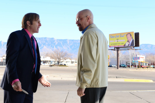 Saul Goodman (Bob Odenkirk) and Walter White (Bryan Cranston) - Breaking Bad _ Season 5, Episode 13 - Photo credit: Ursula Coyote/AMC