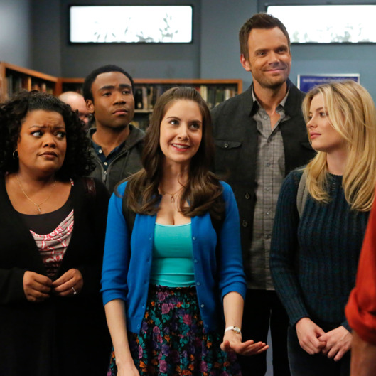 COMMUNITY -- "Basic Human Anatomy" Episode 410 -- Pictured: (l-r) Danny Pudi as Abed, Yvette Nicole Brown as Shirley, Donald Glover as Troy, Alison Brie as Annie, Joel McHale as Jeff Winger, Gillian Jacobs as Britta.