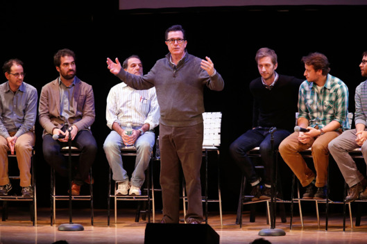 NEW YORK, NY - NOVEMBER 07: Comedian/media personality Stephen Colbert speaks on stage with a panel of writers from the "Stephen Colbert Show" during the panel "A Lively Discussion With Stephen Colbert And His Writers" during the 2013 New York Comedy Film Festival at Town Hall on November 7, 2013 in New York City. (Photo by Jemal Countess/Getty Images)