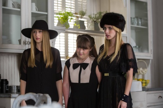 AMERICAN HORROR STORY: COVEN Head - Episode 309 (Airs Wednesday, December 11, 10:00 PM e/p) --Pictured: (L-R) Taissa Farmiga as Zoe, Jamie Brewer as Nan, Emma Roberts as Madison -- CR. Michele K. Short/FX