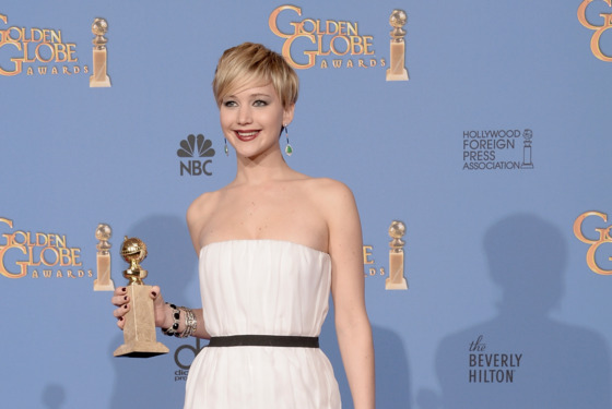 BEVERLY HILLS, CA - JANUARY 12: Actress Jennifer Lawrence, winner of Best Supporting Performance in a Motion Picture Drama, Musical or Comedy for 'American Hustle,' poses in the press room during the 71st Annual Golden Globe Awards held at The Beverly Hilton Hotel on January 12, 2014 in Beverly Hills, California. (Photo by Kevin Winter/Getty Images) BEVERLY HILLS, CA - JANUARY 12: Actress Jennifer Lawrence, winner of Best Supporting Performance in a Motion Picture Drama, Musical or Comedy for 'American Hustle,' poses in the press room during the 71st Annual Golden Globe Awards held at The Beverly Hilton Hotel on January 12, 2014 in Beverly Hills, California. (Photo by Kevin Winter/Getty Images)