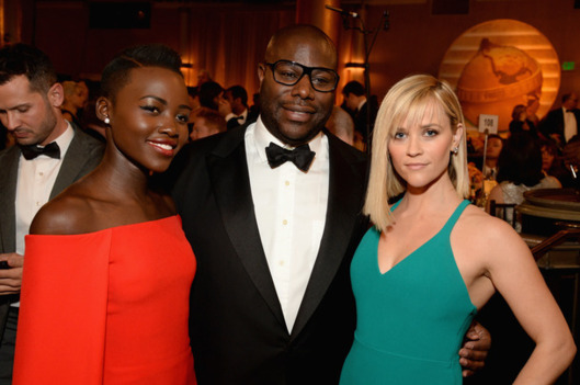 LOS ANGELES, CA - JANUARY 12: (L-R) Actress Lupita Nyong'o, director Steve McQueen and actress Reese Witherspoon with Moet & Chandon At The 71st Annual Golden Globe Awards at the Beverly Hilton Hotel on January 12, 2014 in Los Angeles, California. (Photo by Michael Kovac/Getty Images for Moet & Chandon)