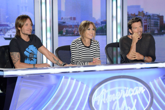 AMERICAN IDOL XIII: Boston Auditions: L-R: Judges Keith Urban, Jennifer Lopez and Harry Connick, Jr. AMERICAN IDOL XIII begins with a two-night, four-hour premiere Wednesday, Jan. 15 (8:00-10:00 PM ET/PT) and Thursday, Jan. 16 (8:00-10:00 PM ET/PT) on FOX. CR: Michael Becker / FOX. © Copyright 2013 FOX Broadcasting Co.