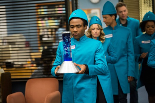 COMMUNITY -- "Cooperative Polygraphy" Episode 503 -- Pictured: (l-r) Donald Glover as Troy, Gillian Jacobs as Britta, Danny Pudi as Abed, Joel McHale as Jeff, Yvette Nicole Brown as Shirley .