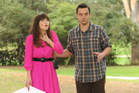 NEW GIRL: Jess (Zooey Deschanel, L) thinks Nick (Jake Johnson, R) organized a party for her at the local park in the "Birthday" episode of NEW GIRL. NEW GIRL: Jess (Zooey Deschanel, L) thinks Nick (Jake Johnson, R) organized a party for her at the local park in the "Birthday" episode of NEW GIRL.