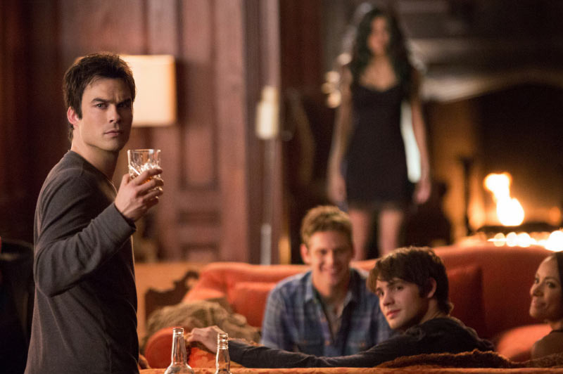 The Vampire Diaries -- “500 Years of Solitude” -- Image Number: VD511b_0186r.jpg -- Pictured (L-R): Ian Somerhalder as Damon, Zach Roerig as Matt, Nina Dobrev as Katherine, Steven R. McQueen as Jeremy and Kat Graham as Bonnie.